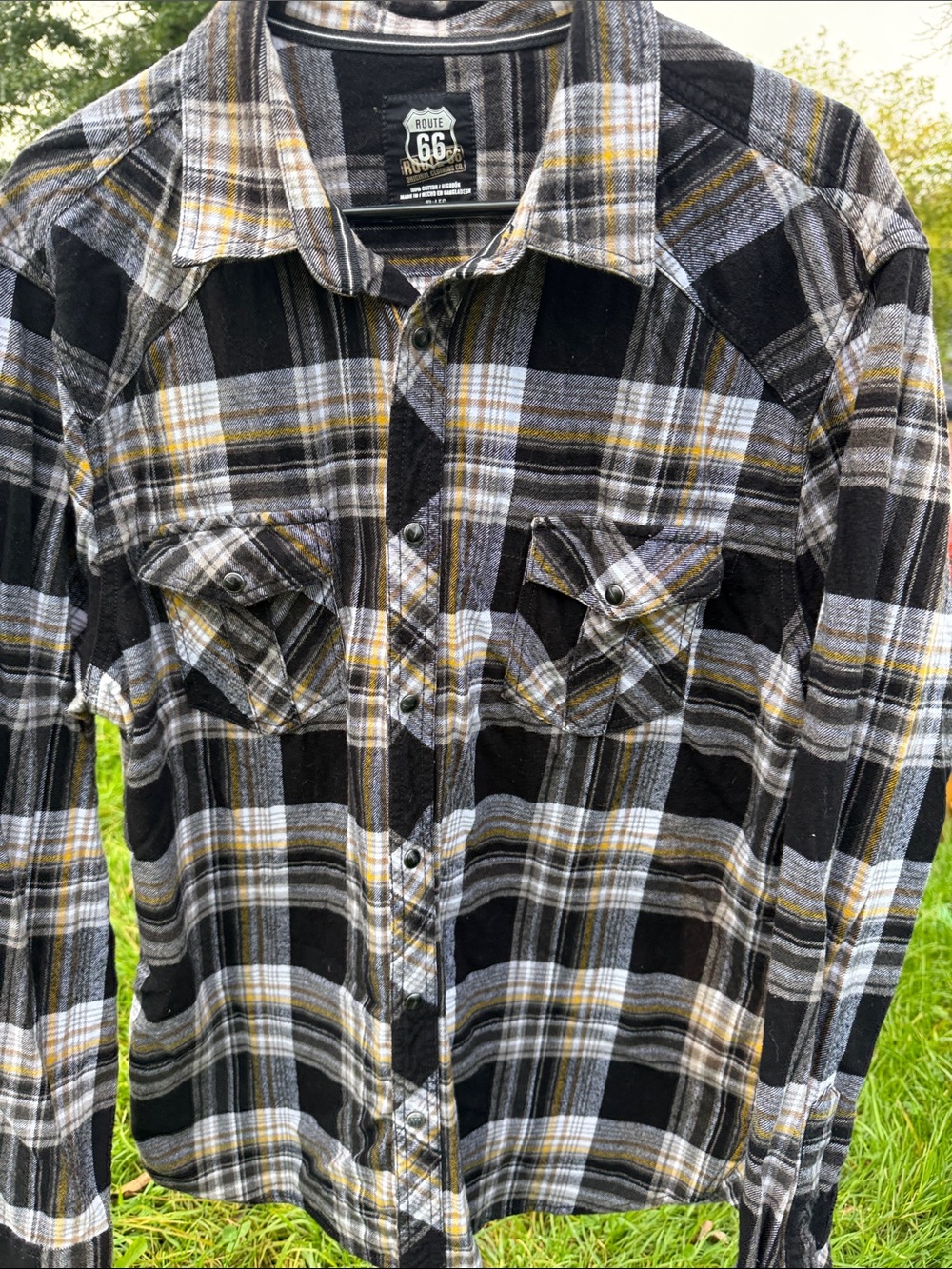 Vintage Western Shirt Route 66 Plaid Flannel Pearl Snaps XL Rural Rustic Cabin